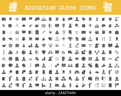 Education glyph icons big set. School, college, university, self study, business education. Educational program. E learning, online courses, classes. Stock Vector