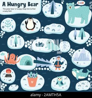Help a hungry bear to find a tasty fish. Funny labyrinth game Stock Vector