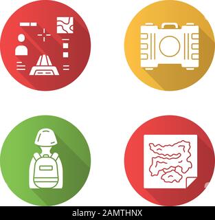 Online game inventory flat design long shadow glyph icons set. Shooter from first person, container, tactical backpack, world map. Online multiplayer Stock Vector