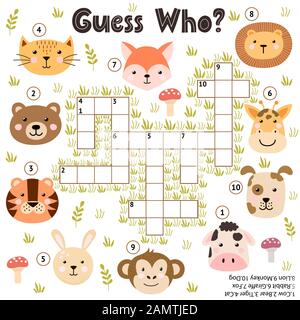 Crossword game for kids. Guess who activity with funny animals. Educational puzzle Stock Vector