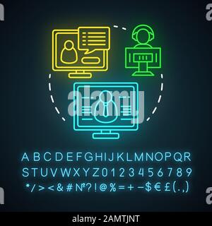 Webinar neon light icon. E-learning. Web-based video conference. Web seminar. Online courses, classes. Remote education. Glowing sign with alphabet, n Stock Vector