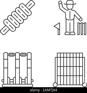 Cricket championship linear icons set. Sport competition. Bail, stumps, sight screen, umpire. Sporting gear, judge. Thin line contour symbols. Isolate Stock Vector