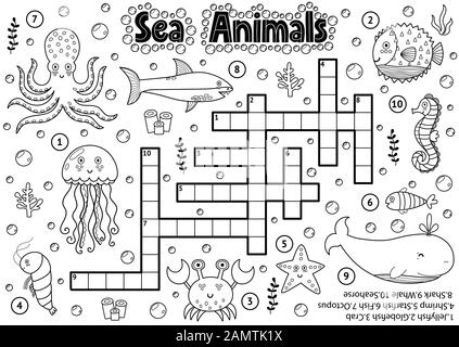 Black and white crossword with sea animals for coloring Stock Vector