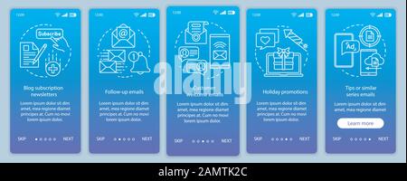 Email marketing blue onboarding mobile app page screen vector template. Business strategy, promotions walkthrough website steps with linear illustrati Stock Vector