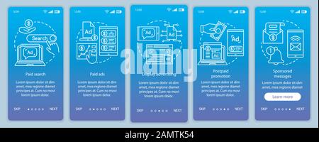 PPC channels blue gradient onboarding mobile app page screen vector template. Media marketing, ad networks walkthrough website steps with linear illus Stock Vector