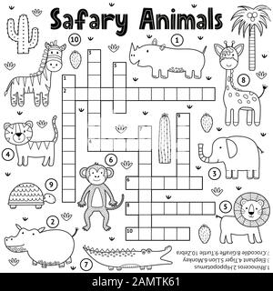 Black and white crossword game for kids with safari animals Stock Vector