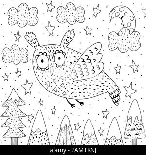 Fantasy owl flying in the sky coloring page Stock Vector