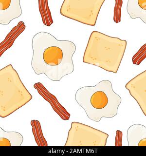 Bacon, scrambled eggs and toast seamless pattern. English breakfast background Stock Vector