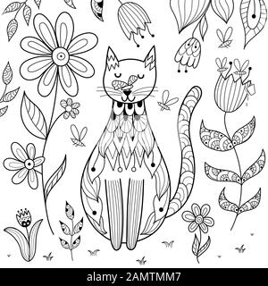 Butterfly sitting on cat nose funny coloring page Stock Vector