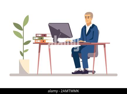 Boss working flat vector illustration. Employer, top manager isolated cartoon character on white background. Businessman, entrepreneur at office using Stock Vector