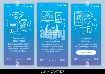 Online PR blue onboarding mobile app page screen vector template. Online reviews and comments  walkthrough website steps with linear illustrations. UX Stock Vector