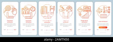 Attribution modeling types orange onboarding mobile app page screen vector template. Diagrams, charts walkthrough website steps with linear illustrati Stock Vector