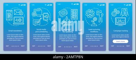 Marketing automation blue onboarding mobile app page screen vector template. Software platforms walkthrough website steps with linear illustrations. U Stock Vector