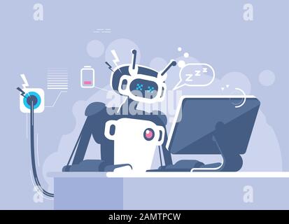 Robot with low energy working flat vector illustration. AI worker disadvantages concept. Manager, employee with artificial intelligence isolated carto Stock Vector