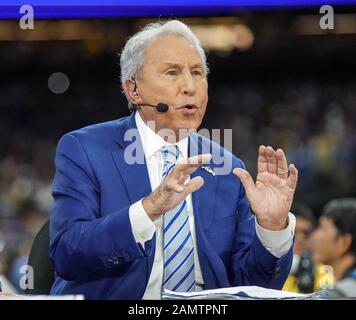New Orleans, LA, USA. 13th Jan, 2020. ESPN analyst Lee Corso talks during their pregame show before the College Football National Championship between the Clemson Tigers and the LSU Tigers at the Mercedes Benz Superdome in New Orleans, LA. Jonathan Mailhes/CSM/Alamy Live News Stock Photo