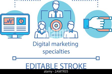 Digital marketing specialties concept icon. Internet professions idea thin line illustration. Copywriter, SEO manager, PPC specialist. Vector isolated Stock Vector