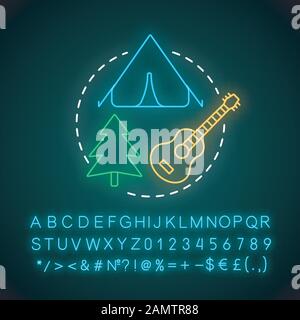 Camping neon light concept icon. Family time together idea. Family trip. Overnight staying in tent. Outdoor accommodation. Glowing sign with alphabet, Stock Vector