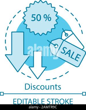 Referral discounts concept icon. Marketing idea thin line illustration. Special offer, seasonal, clearance sale. Fifty percent off. Prices decreasing. Stock Vector