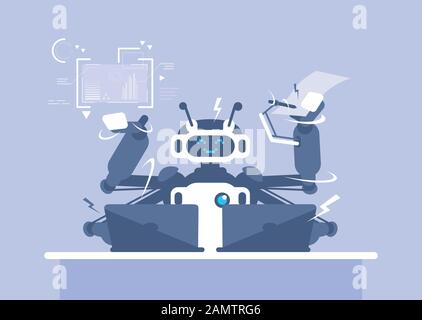 Multitasking robot flat vector illustration. Office worker, manager with artificial intelligence isolated cartoon character. Ai employee working with Stock Vector