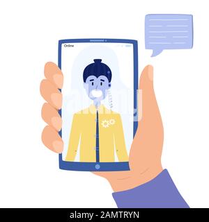 Man chatting with chatbot on mobile phone concept. Stock Vector