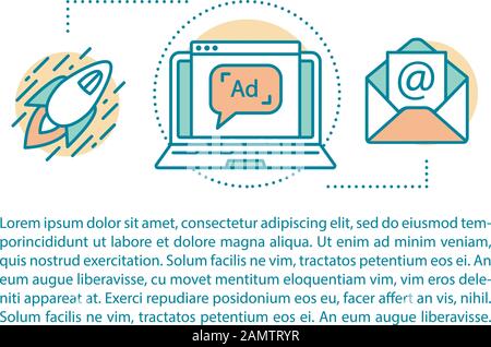 Ads campaign launch article page vector template. Digital marketing. Brochure, magazine, booklet design element with linear icons and text boxes. Prin Stock Vector