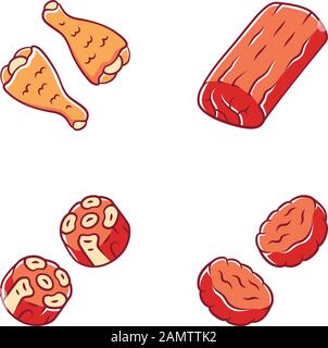 Butchers meat color icons set. Grilled chicken drumsticks, pork roast, burger patties, oxtails. Meat production and sale. Butchery business. Roasted m Stock Vector