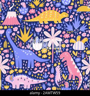 Colorful seamless pattern with cute dinosaurs, palms, and cactuses. Baby dinos in eggshell. Bright fabric background in childish style Stock Vector