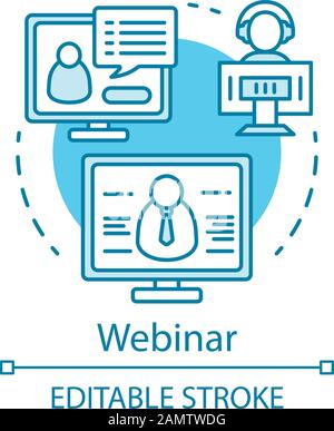 Webinar blue concept icon. E-learning idea thin line illustration. Web-based video conference. Web seminar. Online courses, classes. Remote education. Stock Vector