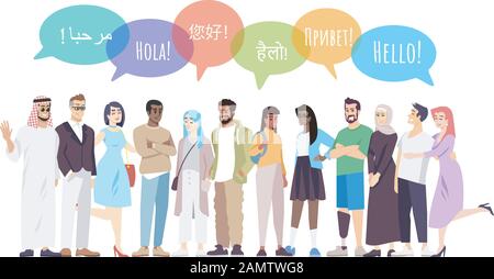 Intercultural communication flat vector illustration. Multinational people with hello in speech bubbles cartoon characters. Greeting phrases in differ Stock Vector