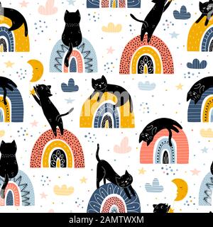 Black cats and rainbows fantasy seamless pattern Stock Vector