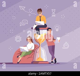 Time management flat vector illustration. Freelancers working with laptops characters. Students studying together. Programmers, designers. Deadlines, Stock Vector