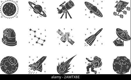 Astronomy glyph icons set. Space exploration. Astronomic. Starry sky study. Astrophysics, astrology. Celestial objects observing, studying. Silhouette Stock Vector