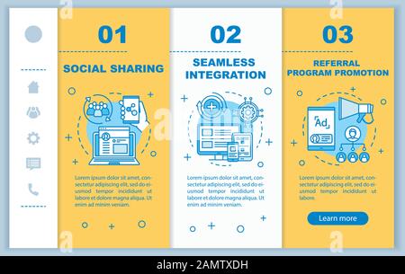 Referral program key items onboarding mobile web pages vector template. Responsive smartphone website interface idea with linear illustrations. Webpag Stock Vector