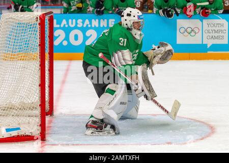 Lausanne, Switzerland. 13th Jan, 2020. Levente Hegedus (green) in goal during the men's mixed NOC 3-on-3 ice hockey preliminary round (game 27; green v. black), during Day 4 of the Lausanne 2020 Winter Youth Olympic Games, at Lausanne Skating Arena. Credit: SOPA Images Limited/Alamy Live News Stock Photo