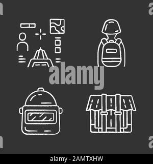 Online game inventory chalk icons set. Esports. Computer game equipment. Safety helmet, package, container, shooter from first person, tactical backpa Stock Vector