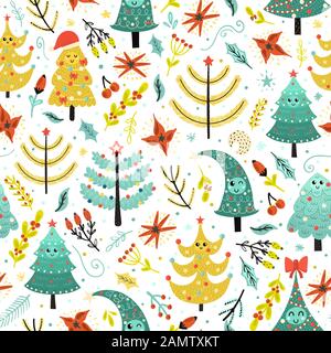 Bright Christmas seamless patterns with cute trees. Background for kids Stock Vector