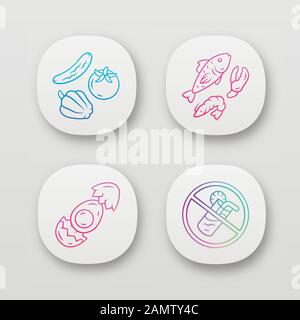 Balanced eating app icons set. High vitamin and omega 3 healthy food. UI/UX user interface. No soft drinks sign. Egg, vegetables and fish. Web or mobi Stock Vector