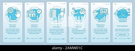 Attribution modeling types turquoise onboarding mobile app page screen vector template. Diagrams, charts walkthrough website steps with linear illustr Stock Vector