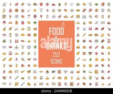 Food and drinks color icons big set. Breakfast, dinner, lunch. Restaurant menu and BBQ. Meat, fish, vegetables, fruits, cookies, desserts. Alcohol dri Stock Vector