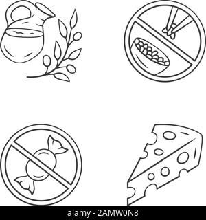 No sugar organic products linear icons set. Thin line contour symbols. Glucose free and low carbs keto diet. Natural fresh drink, Swiss cheese isolate Stock Vector