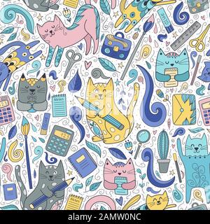 Cats and pens seamless pattern. Funny school background Stock Vector