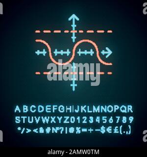Function graph neon light icon. Duplicate function. Sinusoid. Sine curve. Diagram. Math graph. Acoustic, light wave. Glowing sign with alphabet, numbe Stock Vector