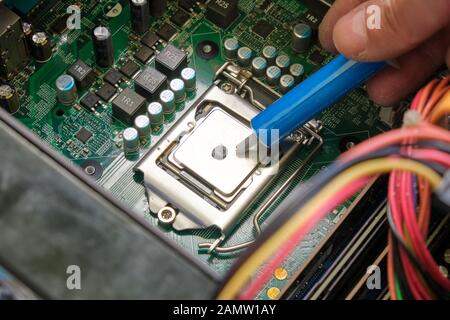 Applying thermal gel to a computer CPU laced in its motherboard socket. Stock Photo
