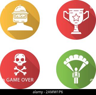 Online game inventory flat design long shadow glyph icons set. Virtual shooter equipment. Player, warrior in helmet, trophy cup, game over, parachute. Stock Vector