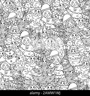 Happy Christmas trees black and white seamless pattern Stock Vector