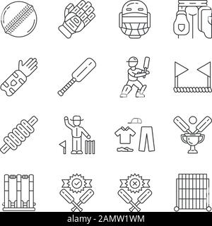 Cricket championship linear icons set. Sport uniform, protective gear, game equipment. Match preparation. Thin line contour symbols. Isolated vector o Stock Vector