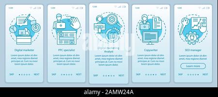 Digital marketing specialties turquoise onboarding mobile app page screen with linear concepts. SEO manager walkthrough steps graphic instructions. UX Stock Vector