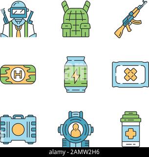 Online game inventory color icons set. Esports, cybersports. Soldier, body armor, weapon. First aid kit, energy drink, bandage, painkiller, shooting a Stock Vector