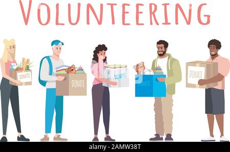 Volunteering and donations vector banner template. Cheerful people donating toys for children cartoon characters. Young volunteers holding boxes with Stock Vector