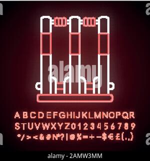 Cricket stumps neon light icon. Cricket wicket. Gate in game. Three vertical posts with bails. Sport playground equipment. Glowing sign with alphabet, Stock Vector
